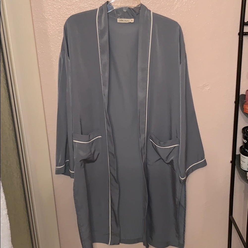 Mint green long kimono with white stripes